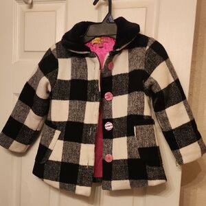 Penelope Mack Black and White Checkered Pea Coat with Pink Accents